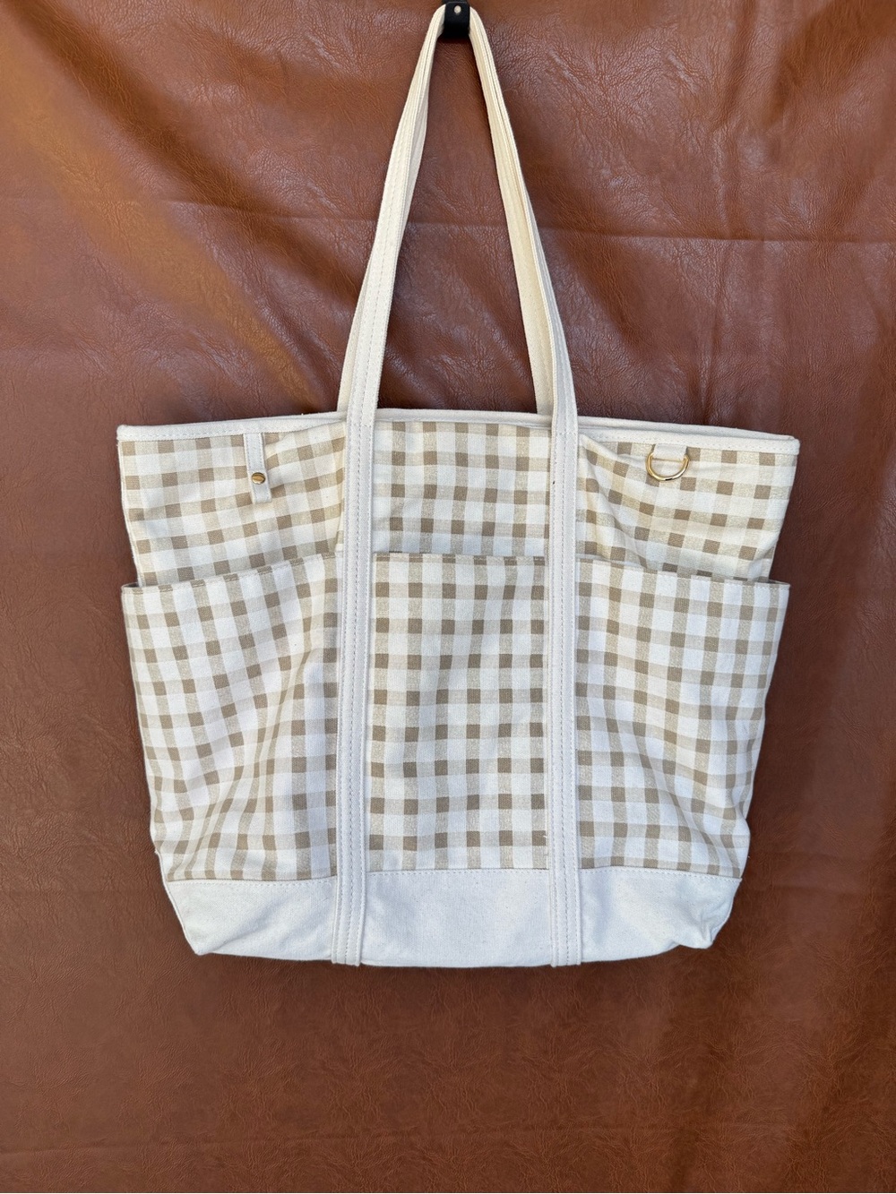 Universal Thread Gingham Tote Bag Cream Tan Canvas Multi Pocket Zip Top